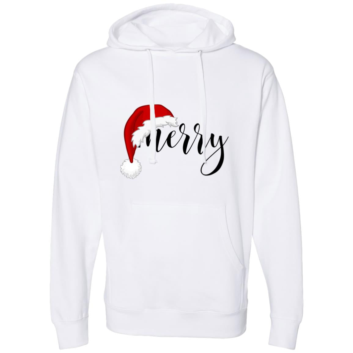 Men's hoodie with "Merry" text and Santa hat design. 