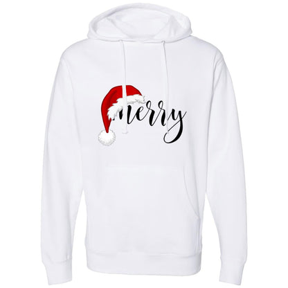 Men's hoodie with "Merry" text and Santa hat design. 