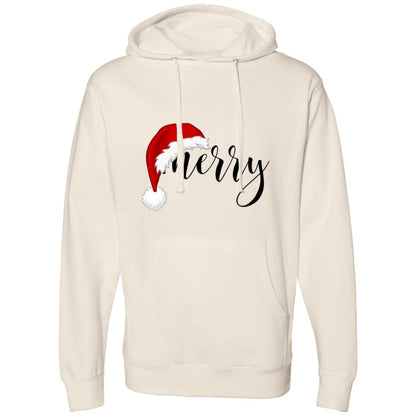 Men's hoodie with "Merry" text and Santa hat design. 