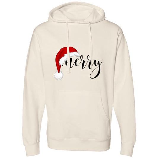 Men's hoodie with "Merry" text and Santa hat design. 