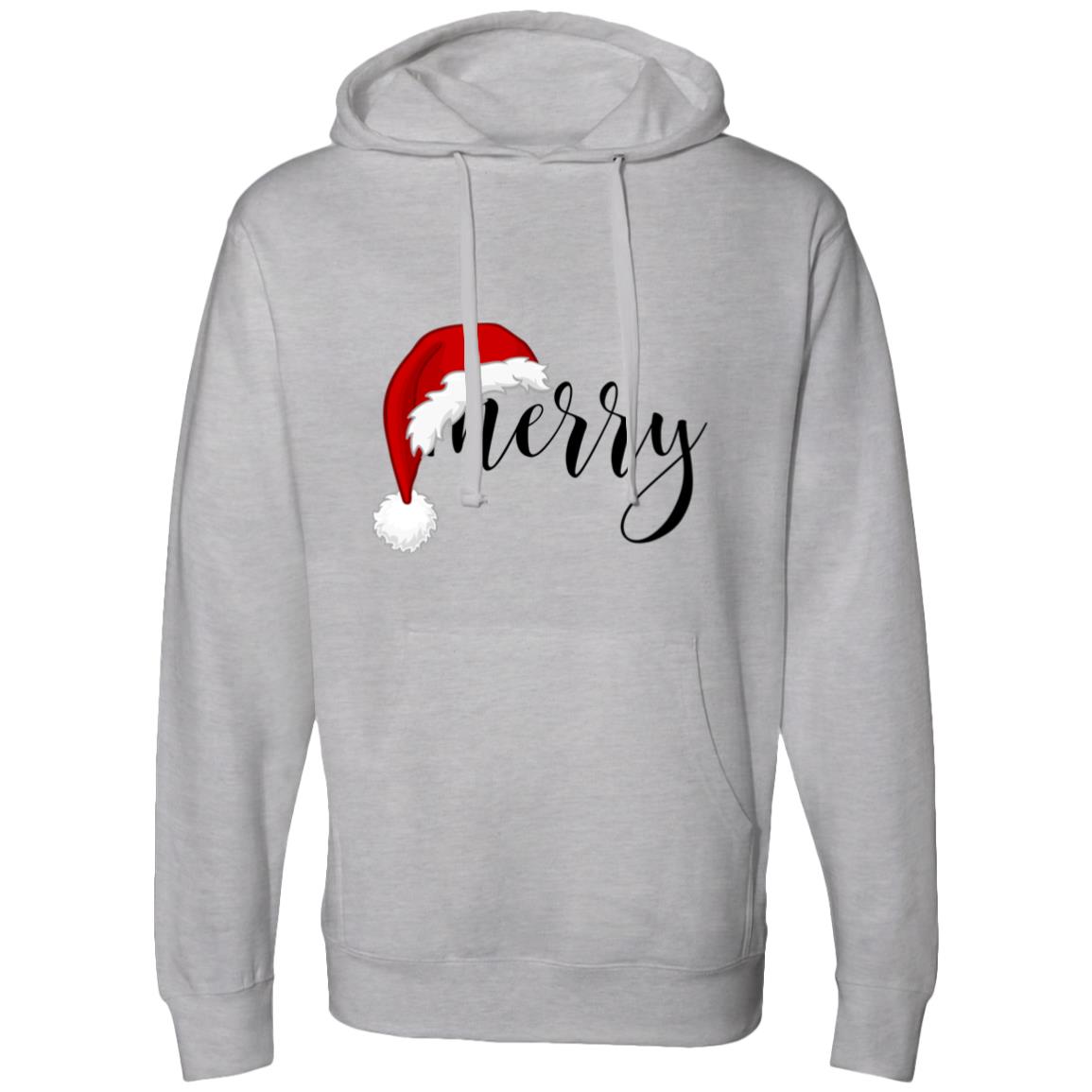 Men's hoodie with "Merry" text and Santa hat design. 